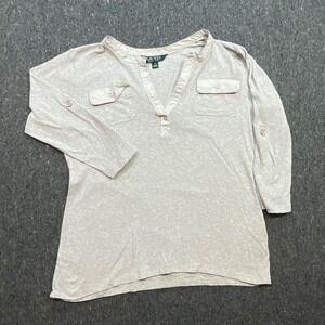 Lauren Ralph Lauren Preppy Women S Grey Cotton Roll Tab Henley Pocket Top